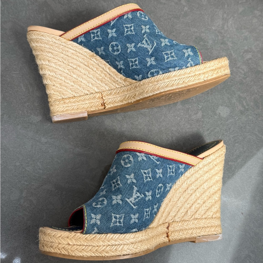 Louis Vuitton Blue and Tan Wedges - Picture 4 of 13